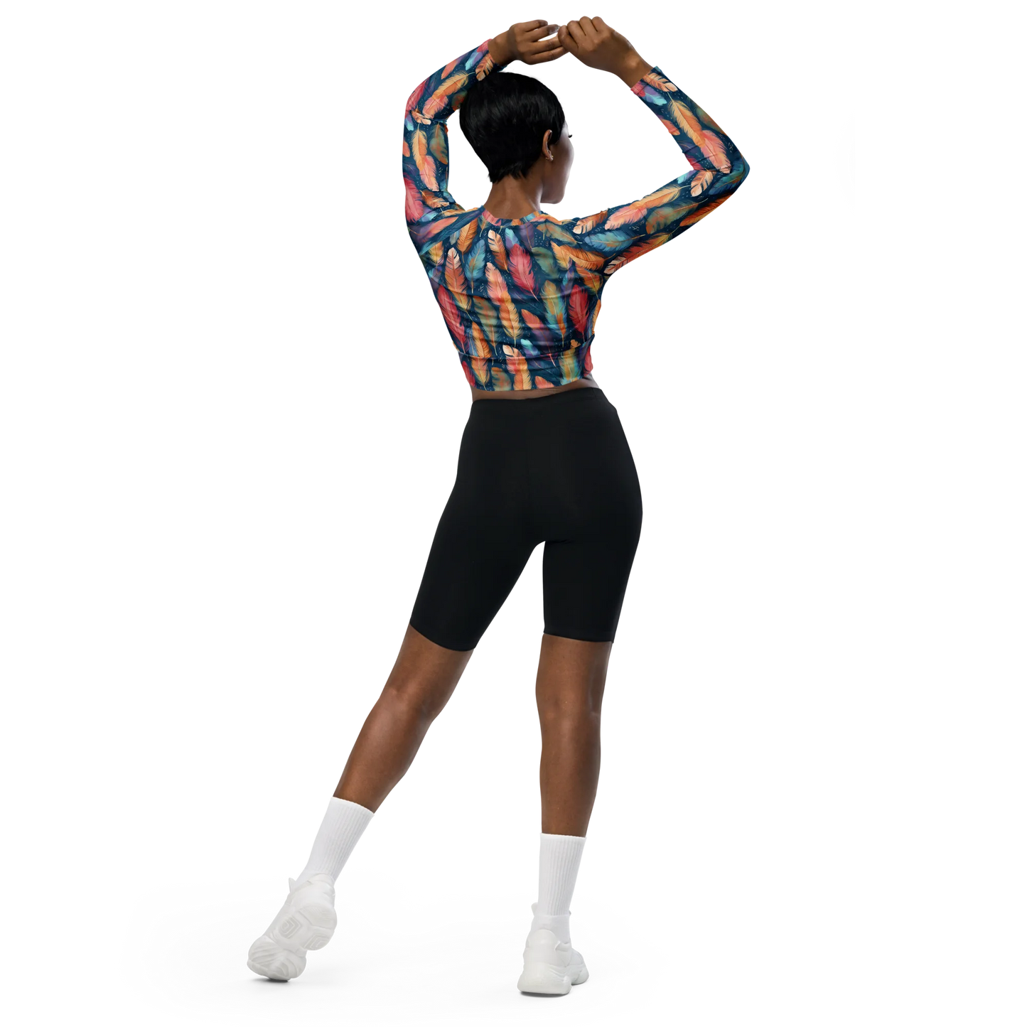 Dance of Wild Birds' Feathers Recycled Long-sleeve Crop Top