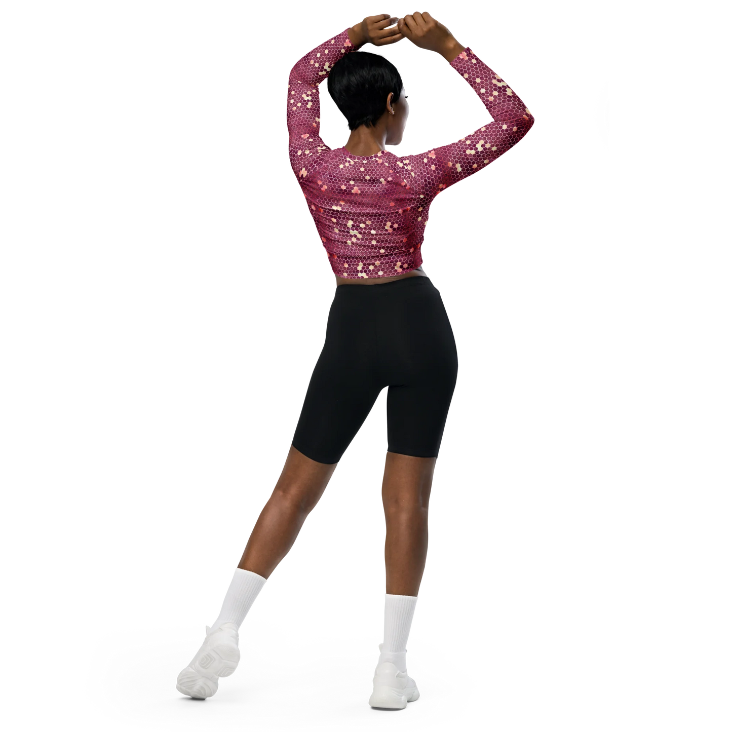 Burgundy Gold Honeycombs Ornament Recycled Long-sleeve Crop Top