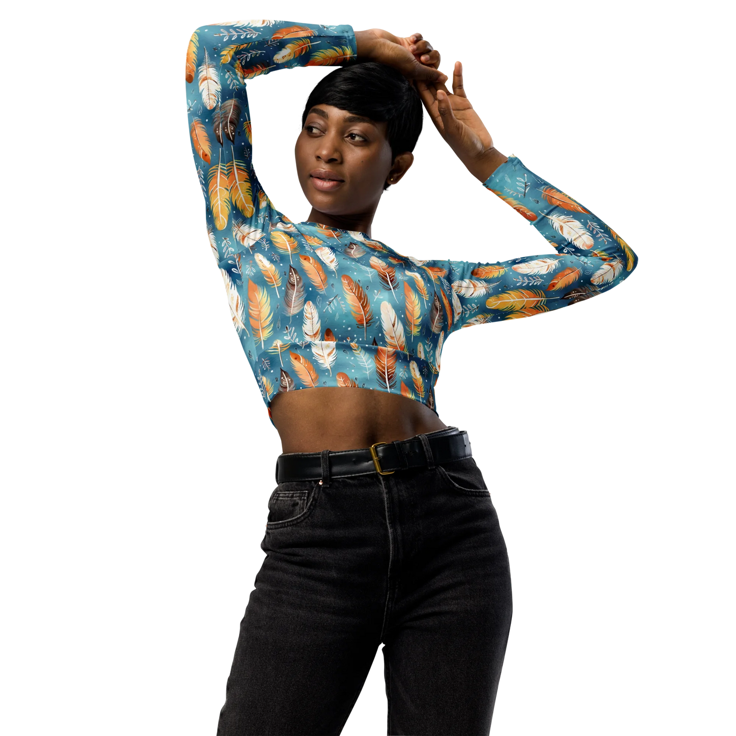 Blue & Orange Feather's Tale Recycled Long-sleeve Crop Top