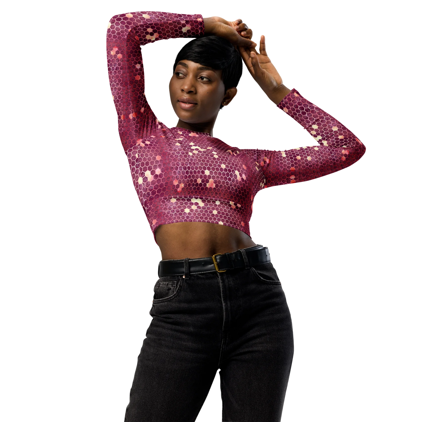 Burgundy Gold Honeycombs Ornament Recycled Long-sleeve Crop Top