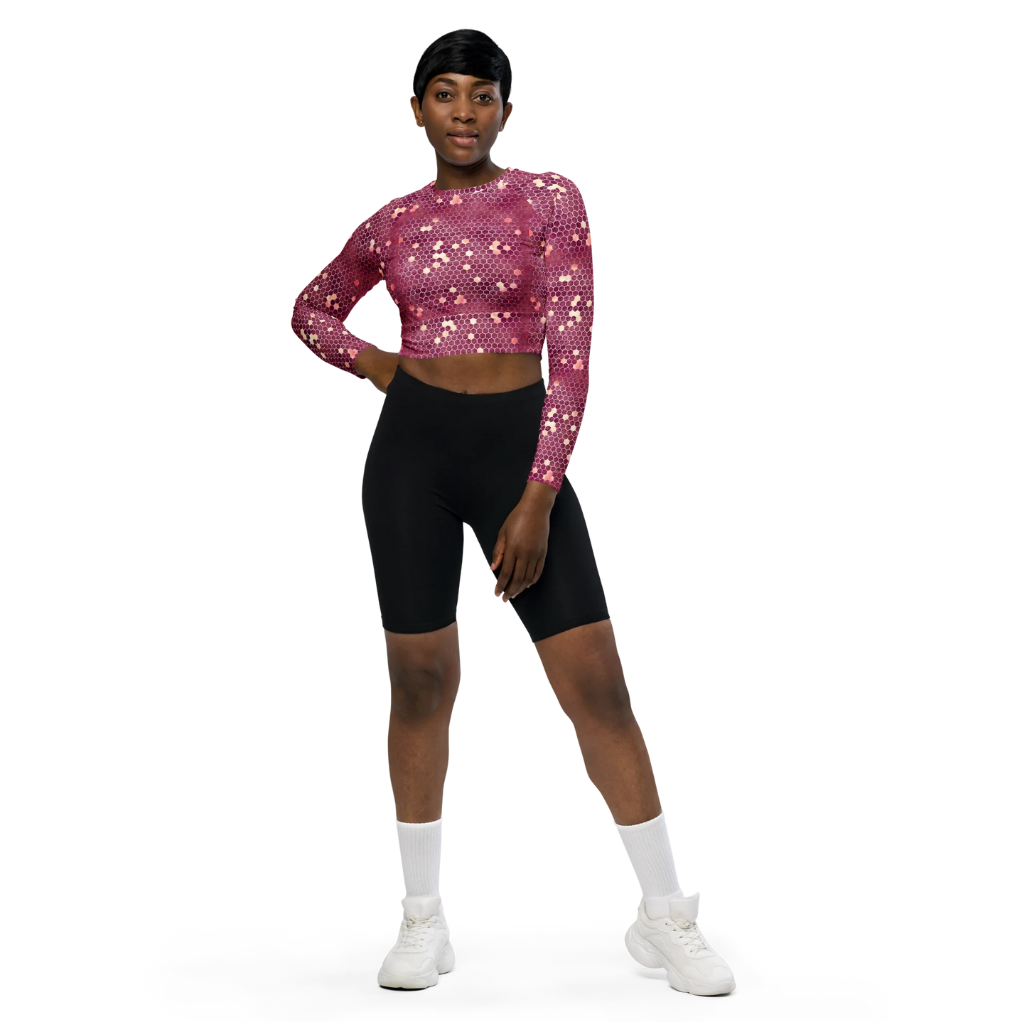 Burgundy Gold Honeycombs Ornament Recycled Long-sleeve Crop Top
