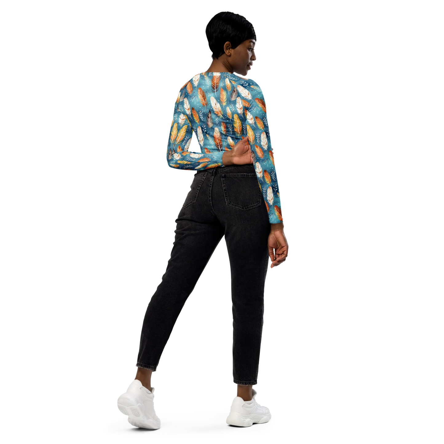 Blue & Orange Feather's Tale Recycled Long-sleeve Crop Top