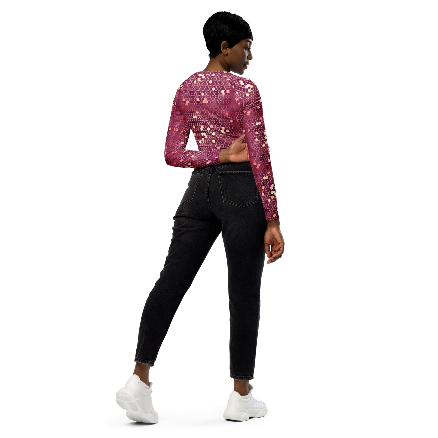 Burgundy Gold Honeycombs Ornament Recycled Long-sleeve Crop Top