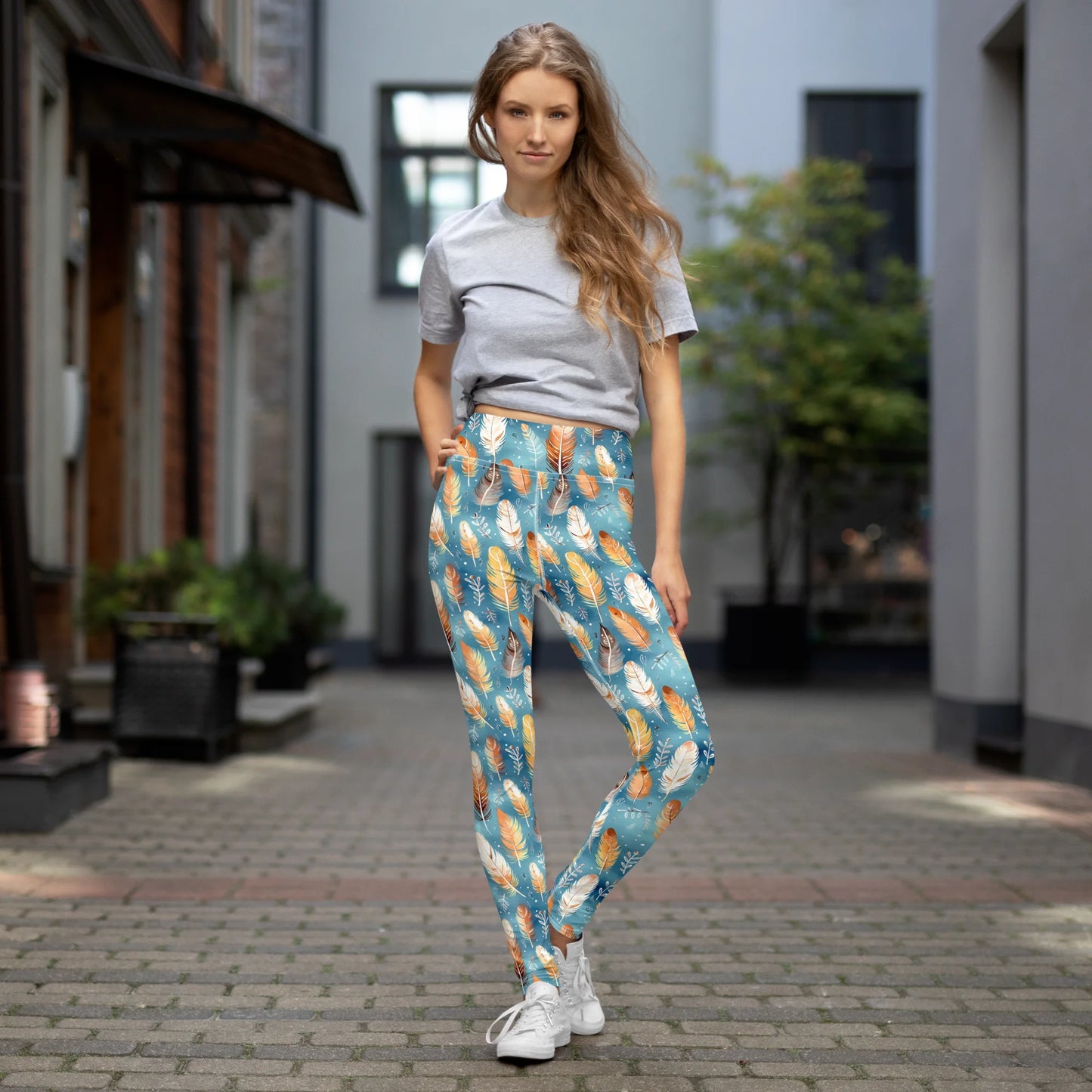 Blue & Orange Feather's Tale Yoga Leggings