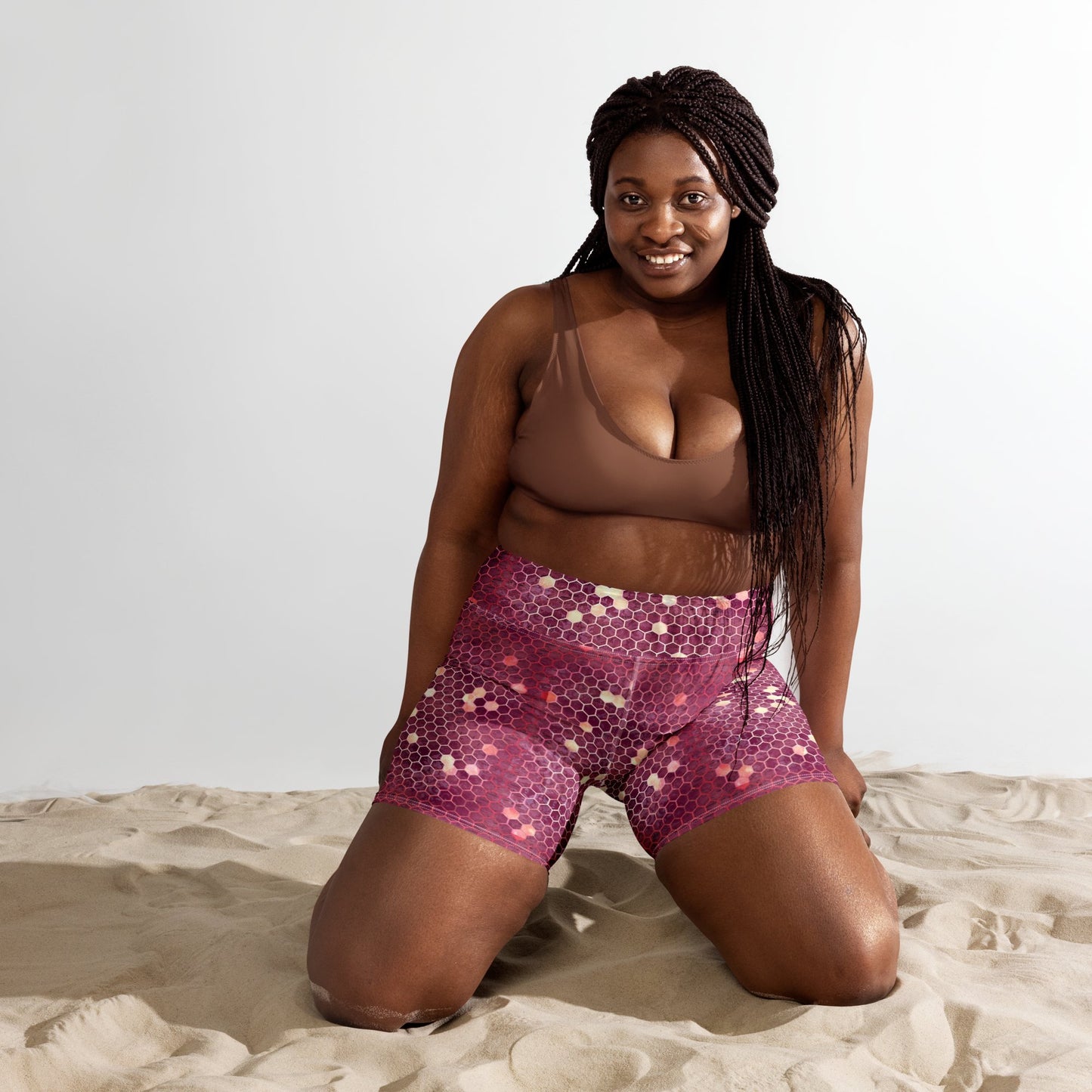 Burgundy Gold Honeycombs Ornament Yoga Shorts