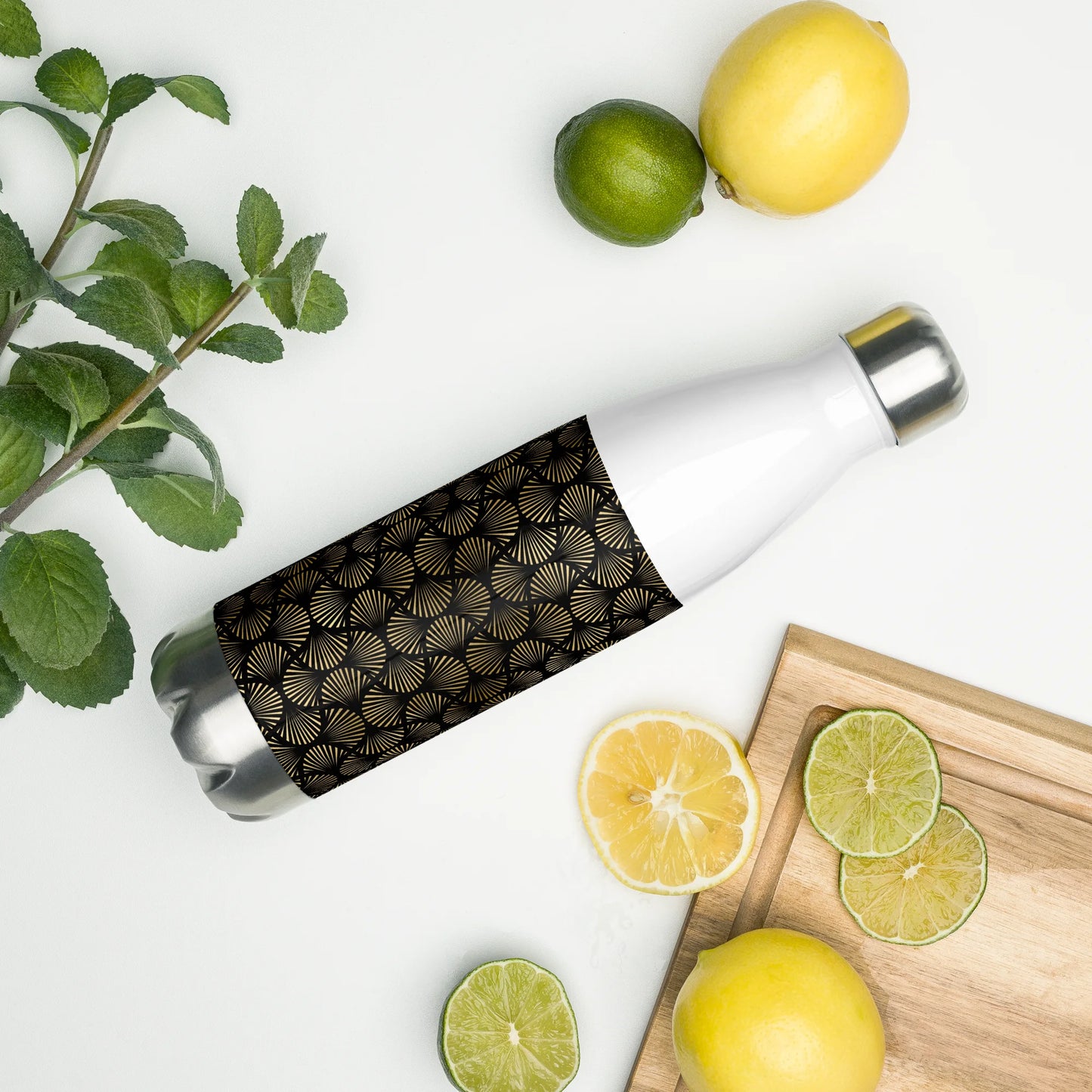 Black And Gold Art Deco Flower Reflections Stainless Steel Water Bottle
