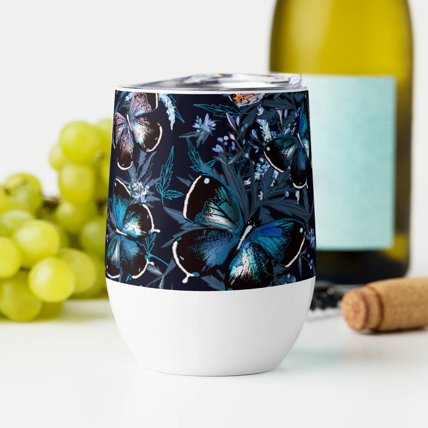 Night Flight of Blue Butterflies Wine Tumbler