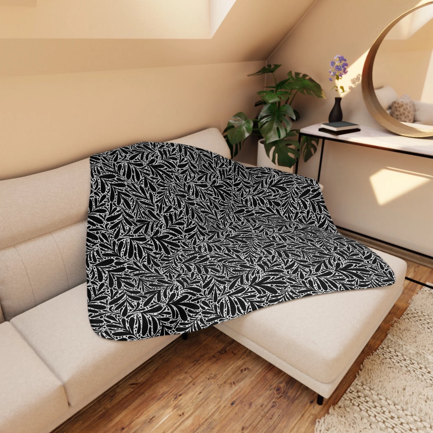 Black Leafy Luxury Tan Sherpa Blanket