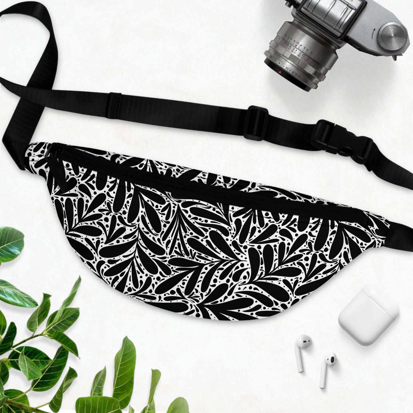 Black Leafy Luxury Fanny Pack