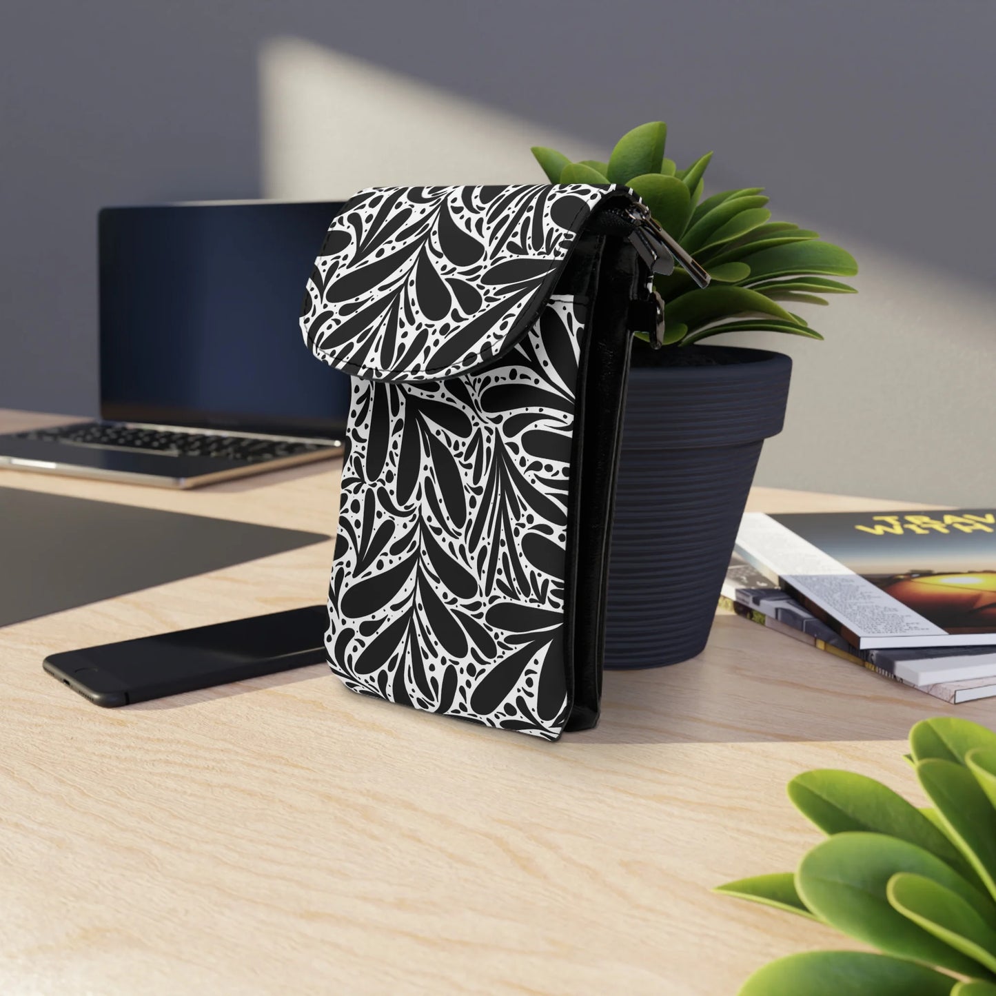 Black Leafy Luxury Small Phone Wallet