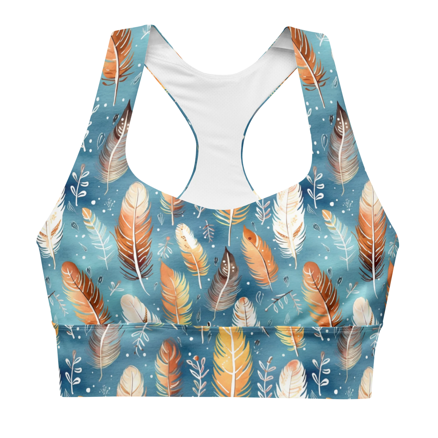 Blue & Orange Feather's Tale Longline Sports Bra