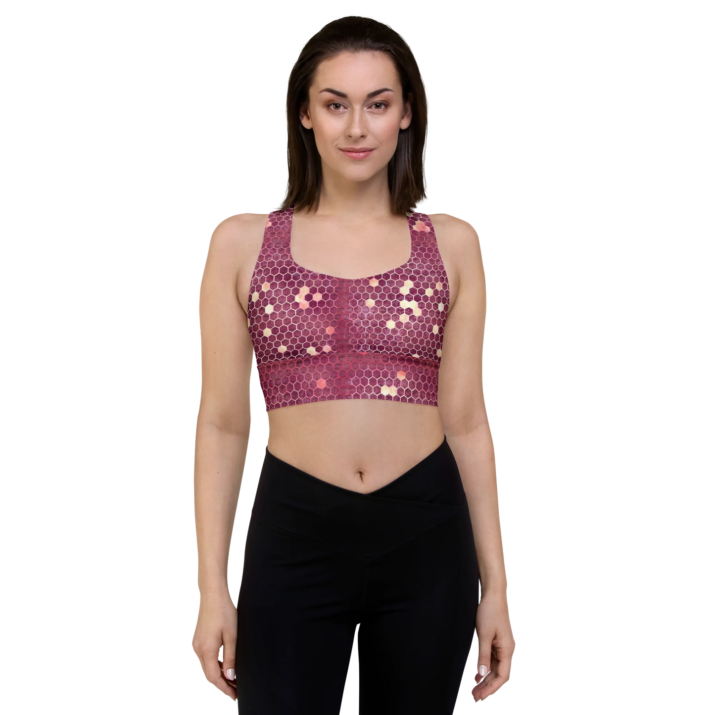 Burgundy Gold Honeycombs Ornament Longline Sports Bra