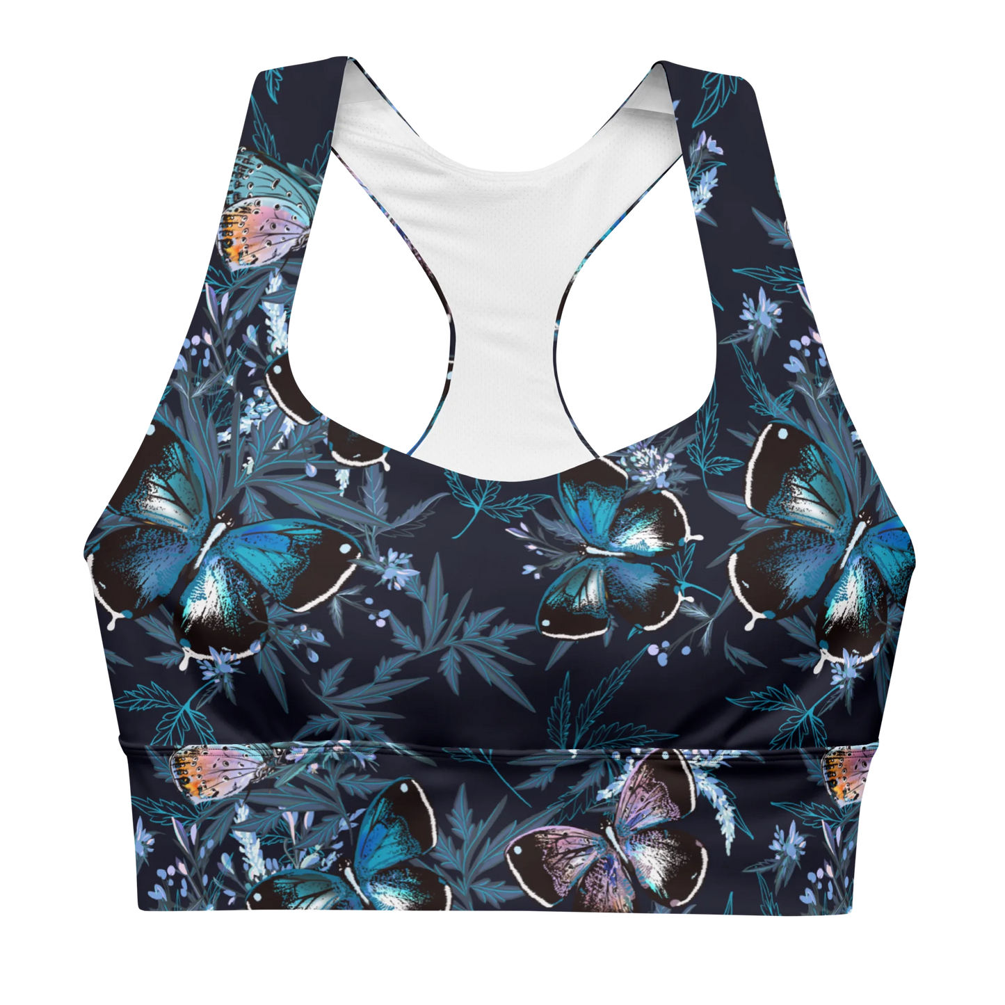 Night Flight of Blue Butterflies Longline Sports Bra