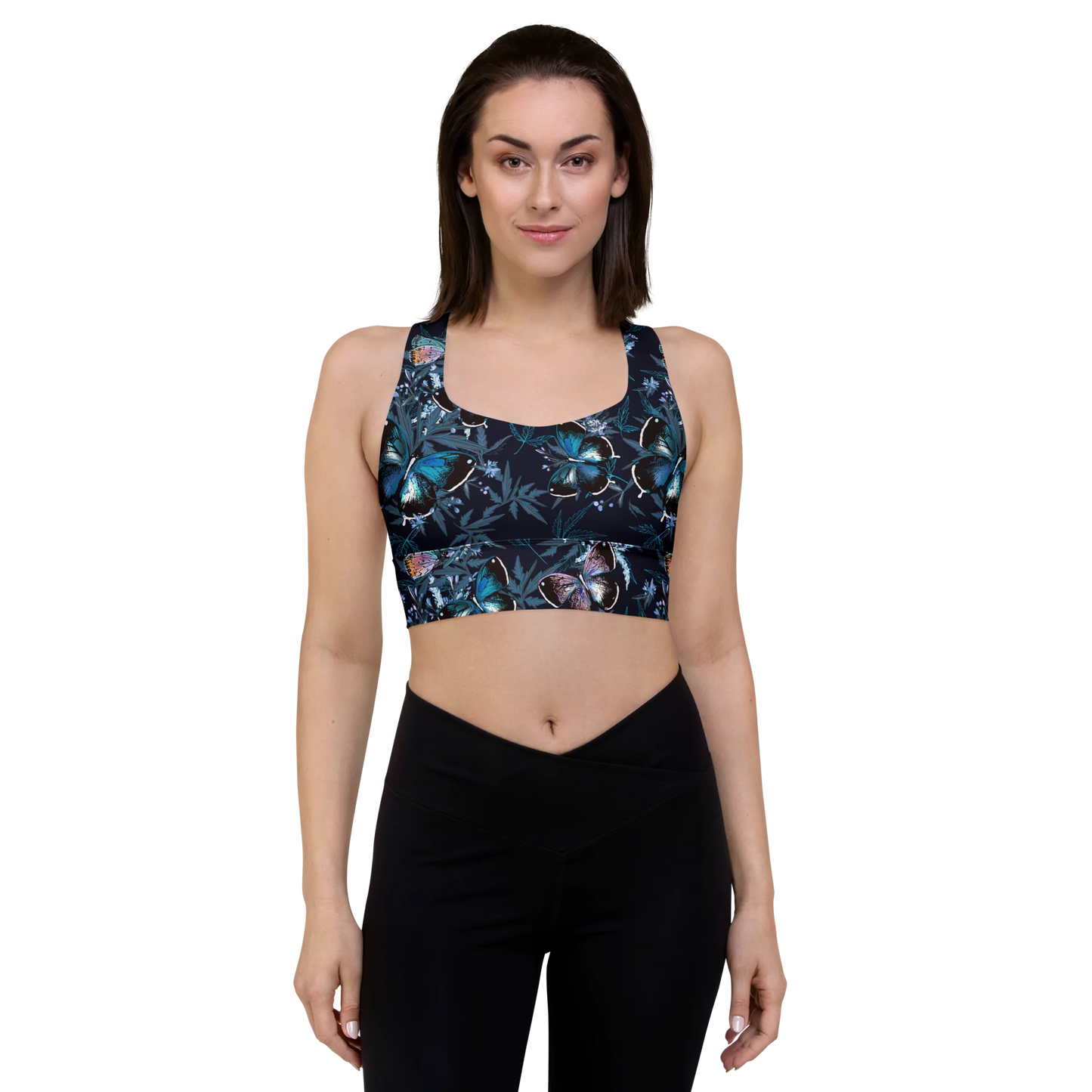 Night Flight of Blue Butterflies Longline Sports Bra