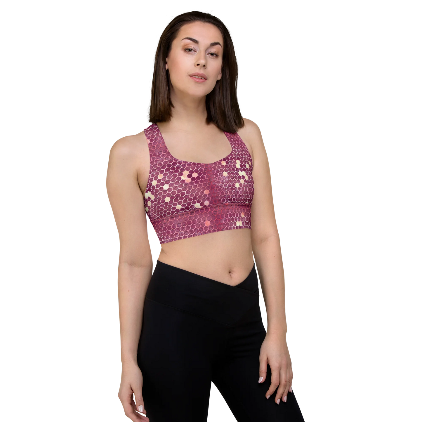 Burgundy Gold Honeycombs Ornament Longline Sports Bra