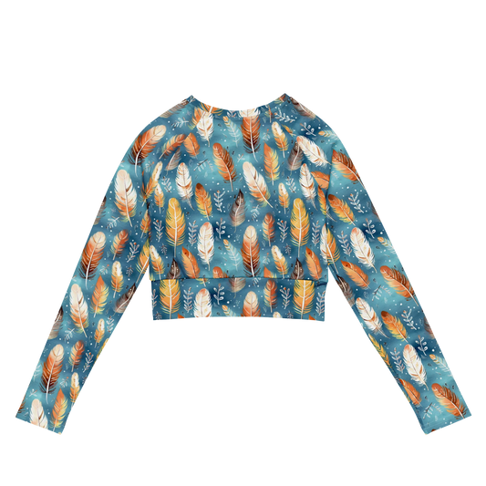 Blue & Orange Feather's Tale Recycled Long-sleeve Crop Top