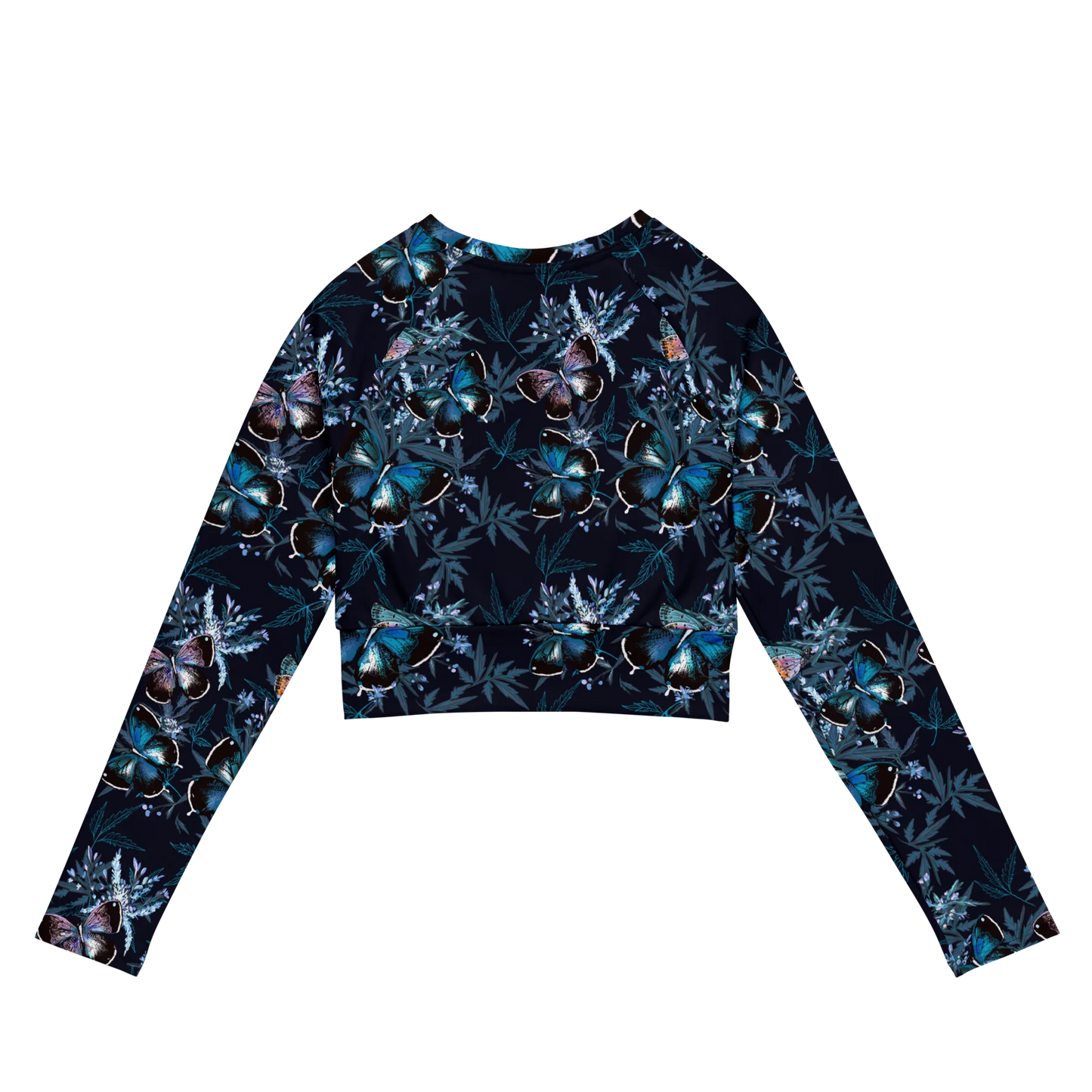 Night Flight of Blue Butterflies Recycled Long-sleeve Crop Top