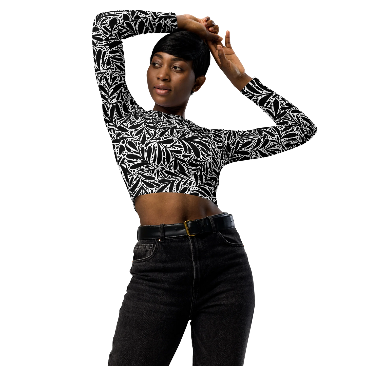 Black Leafy Luxury Recycled Long-sleeve Crop Top