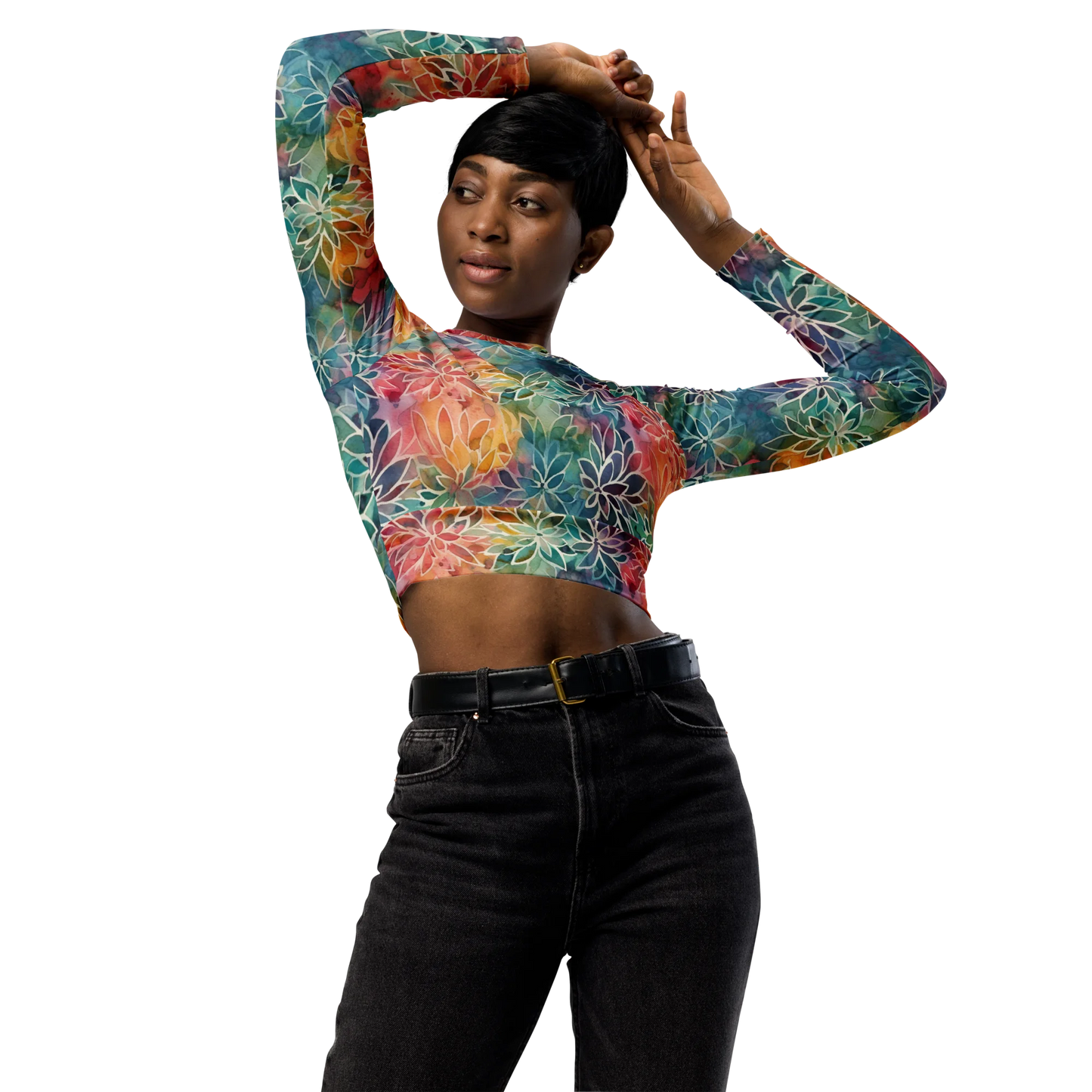 Colorful Summer Floral Abstraction Recycled Long-sleeve Crop Top