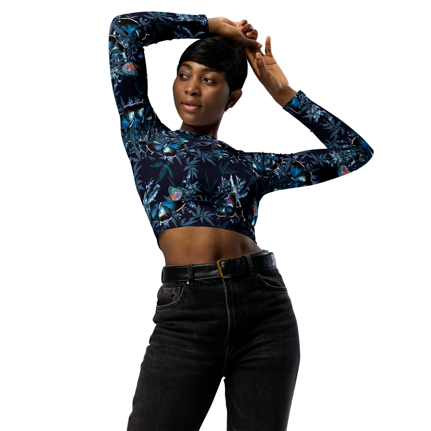 Night Flight of Blue Butterflies Recycled Long-sleeve Crop Top