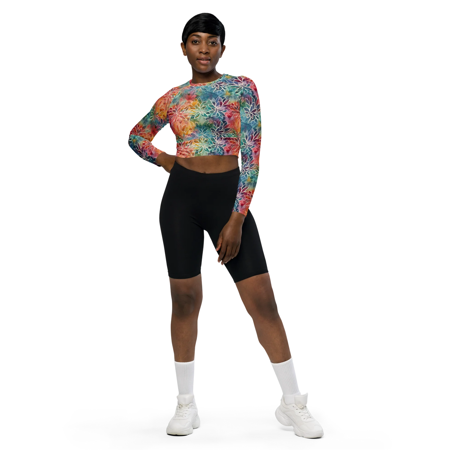 Colorful Summer Floral Abstraction Recycled Long-sleeve Crop Top