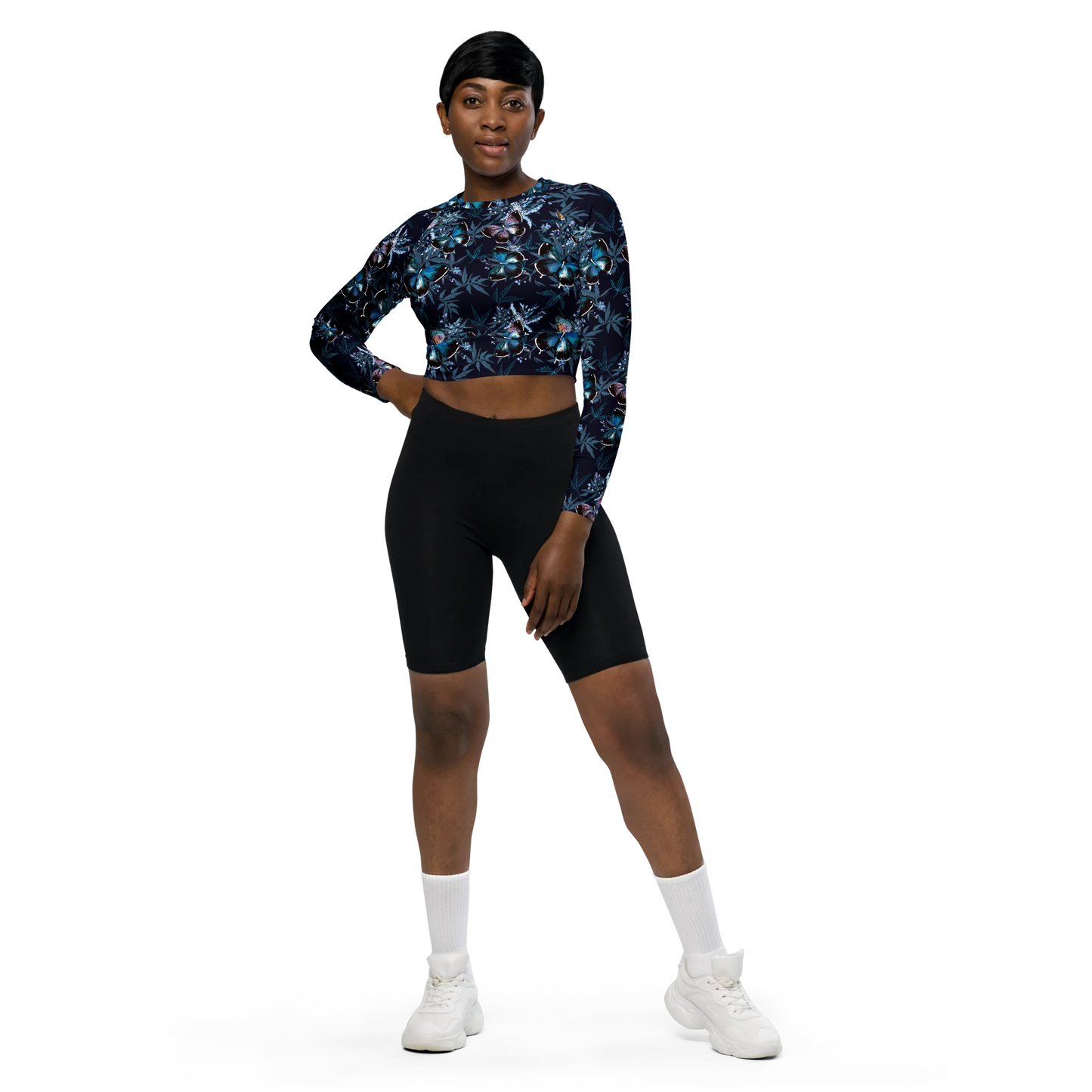 Night Flight of Blue Butterflies Recycled Long-sleeve Crop Top