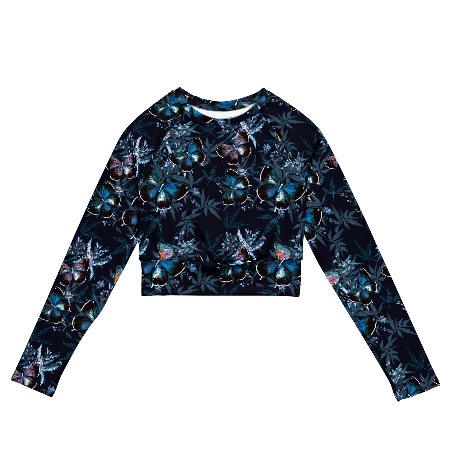 Night Flight of Blue Butterflies Recycled Long-sleeve Crop Top