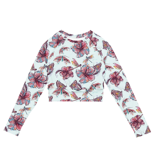 Sophisticated Hibiscus Ornament Recycled Long-sleeve Crop Top