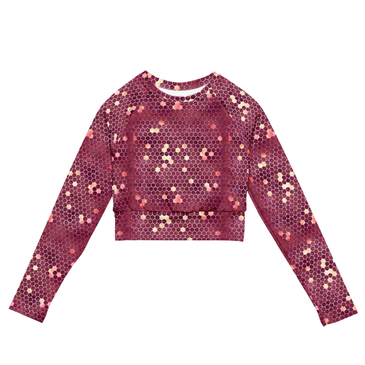 Burgundy Gold Honeycombs Ornament Recycled Long-sleeve Crop Top