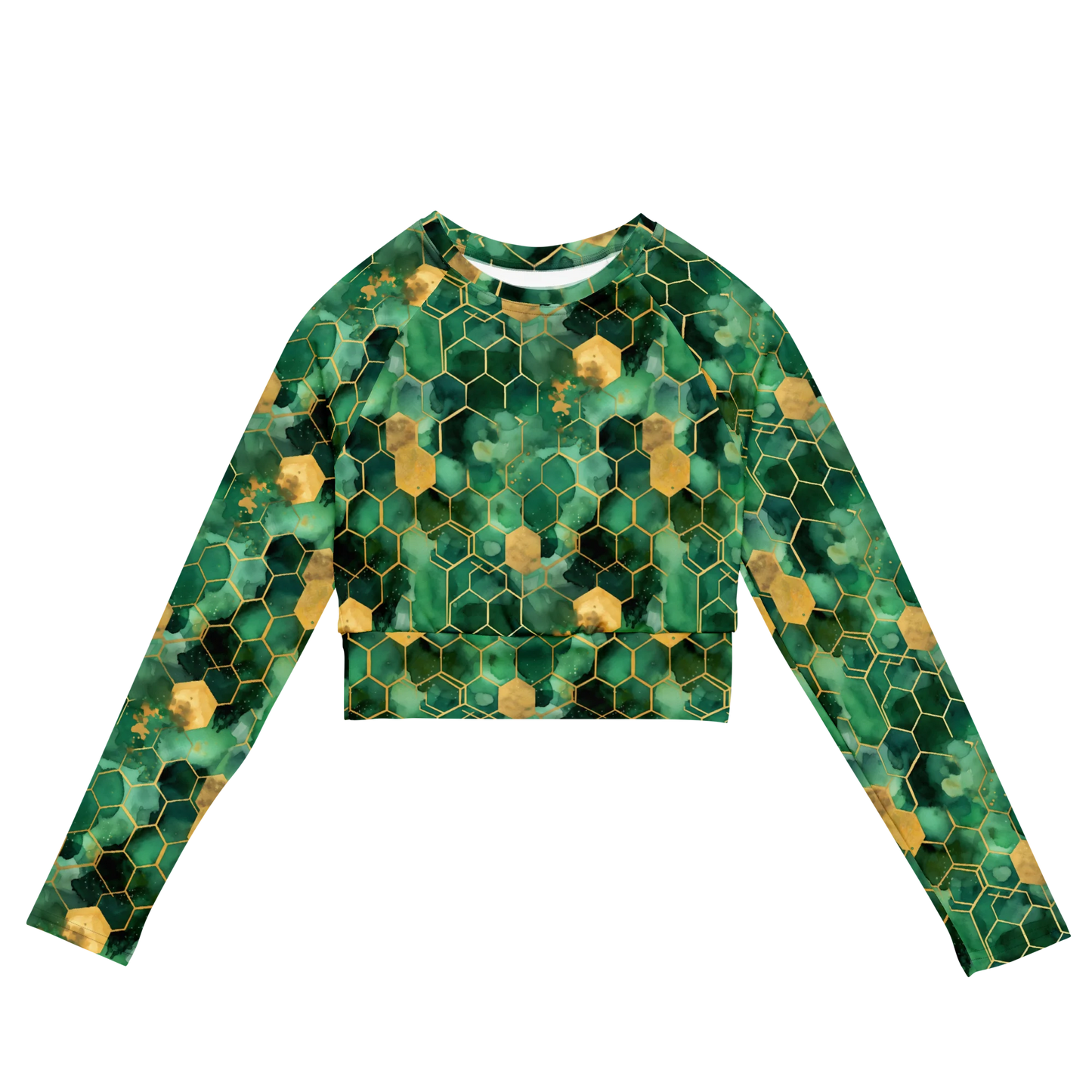 Abstract Verdant Elegance Recycled Long-sleeve Crop Top