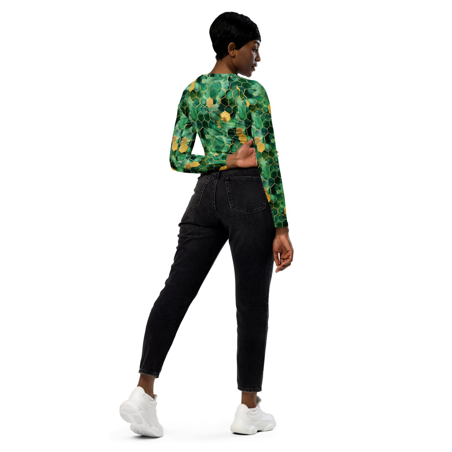 Abstract Verdant Elegance Recycled Long-sleeve Crop Top