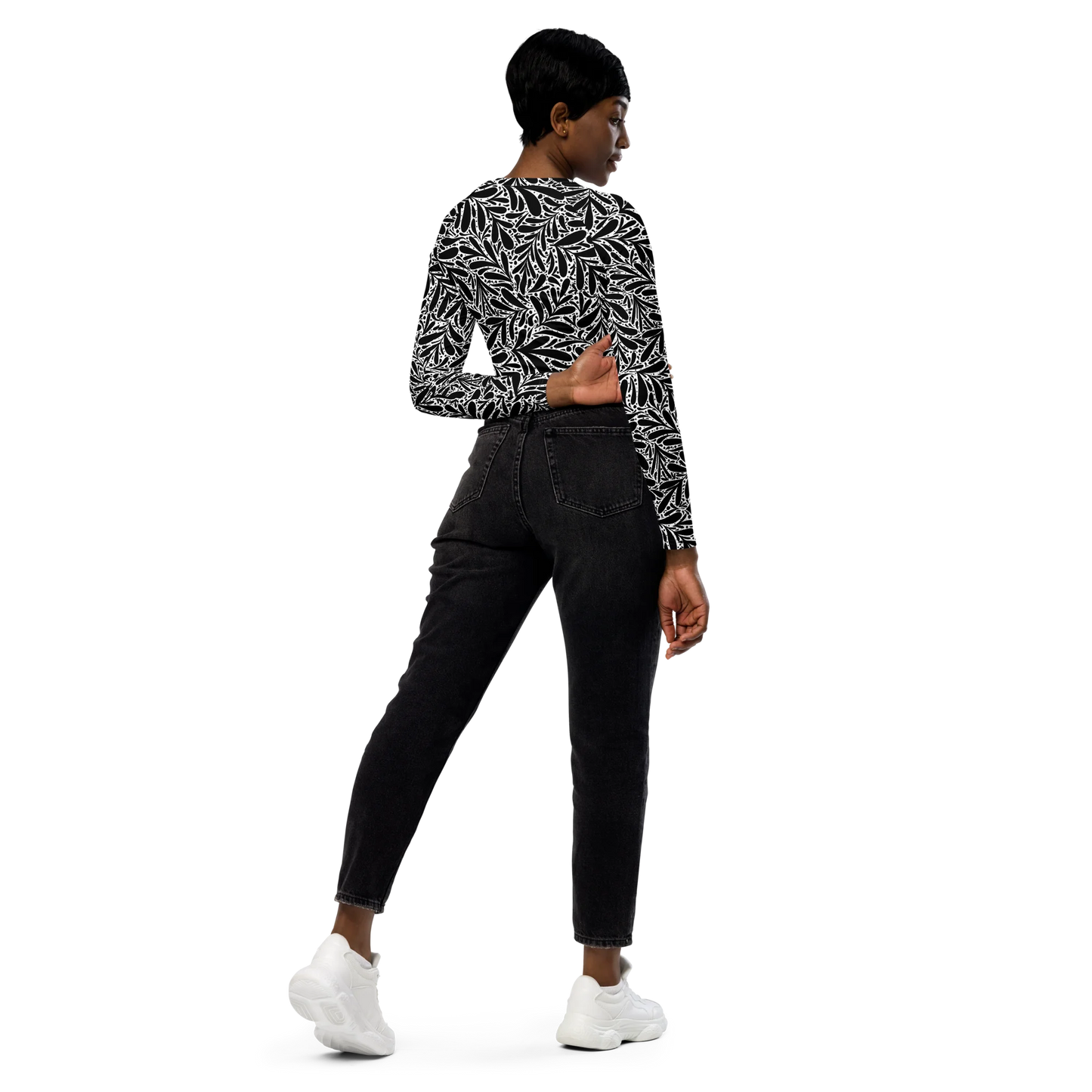 Black Leafy Luxury Recycled Long-sleeve Crop Top