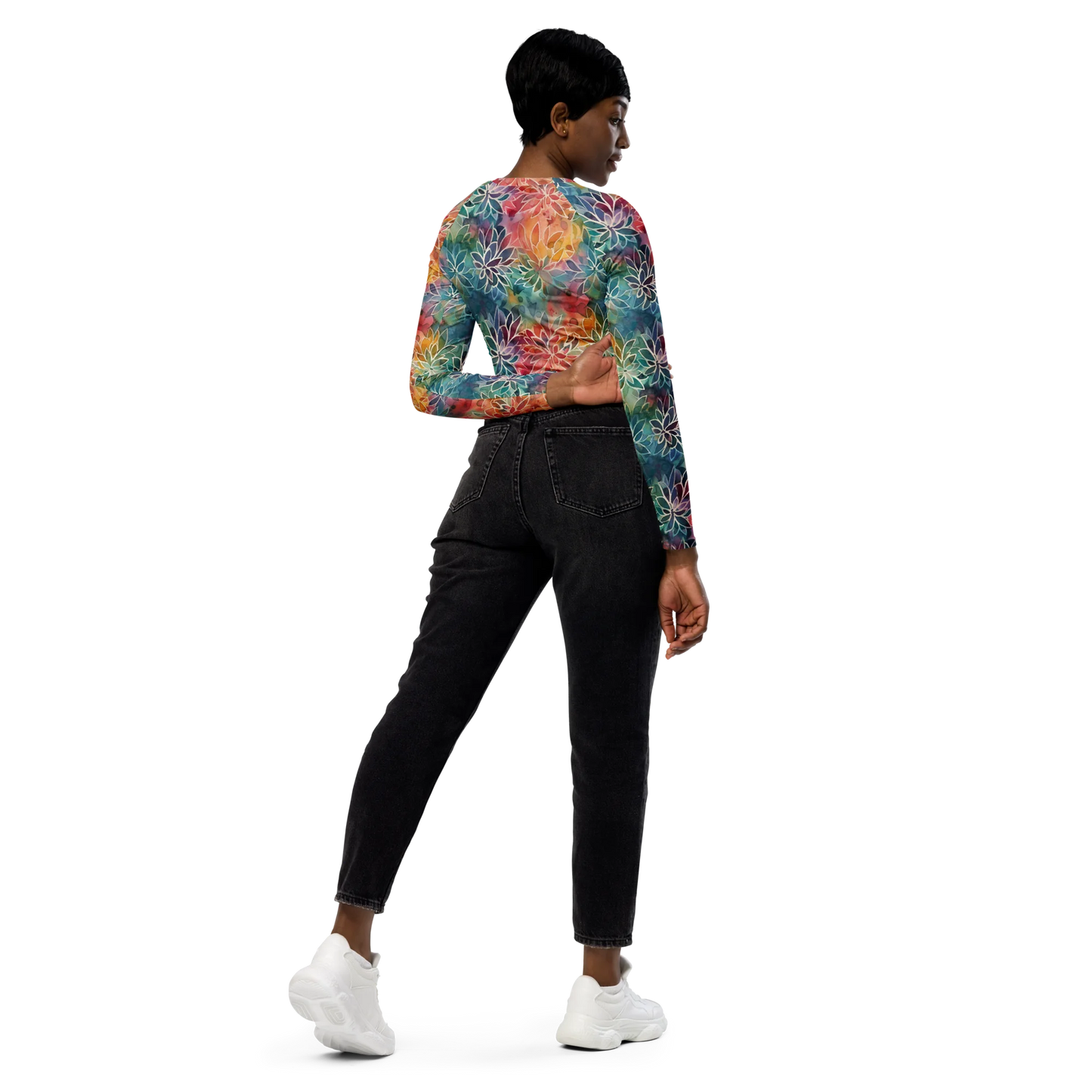 Colorful Summer Floral Abstraction Recycled Long-sleeve Crop Top