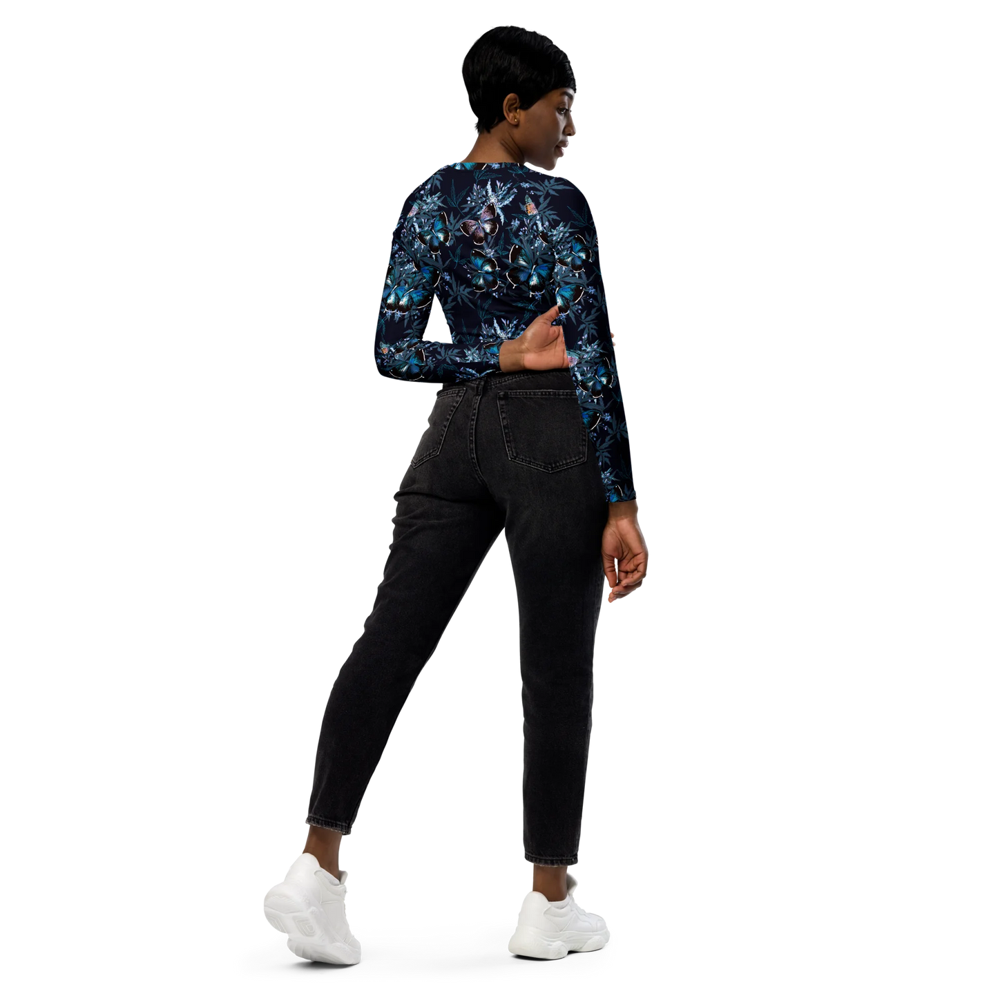 Night Flight of Blue Butterflies Recycled Long-sleeve Crop Top