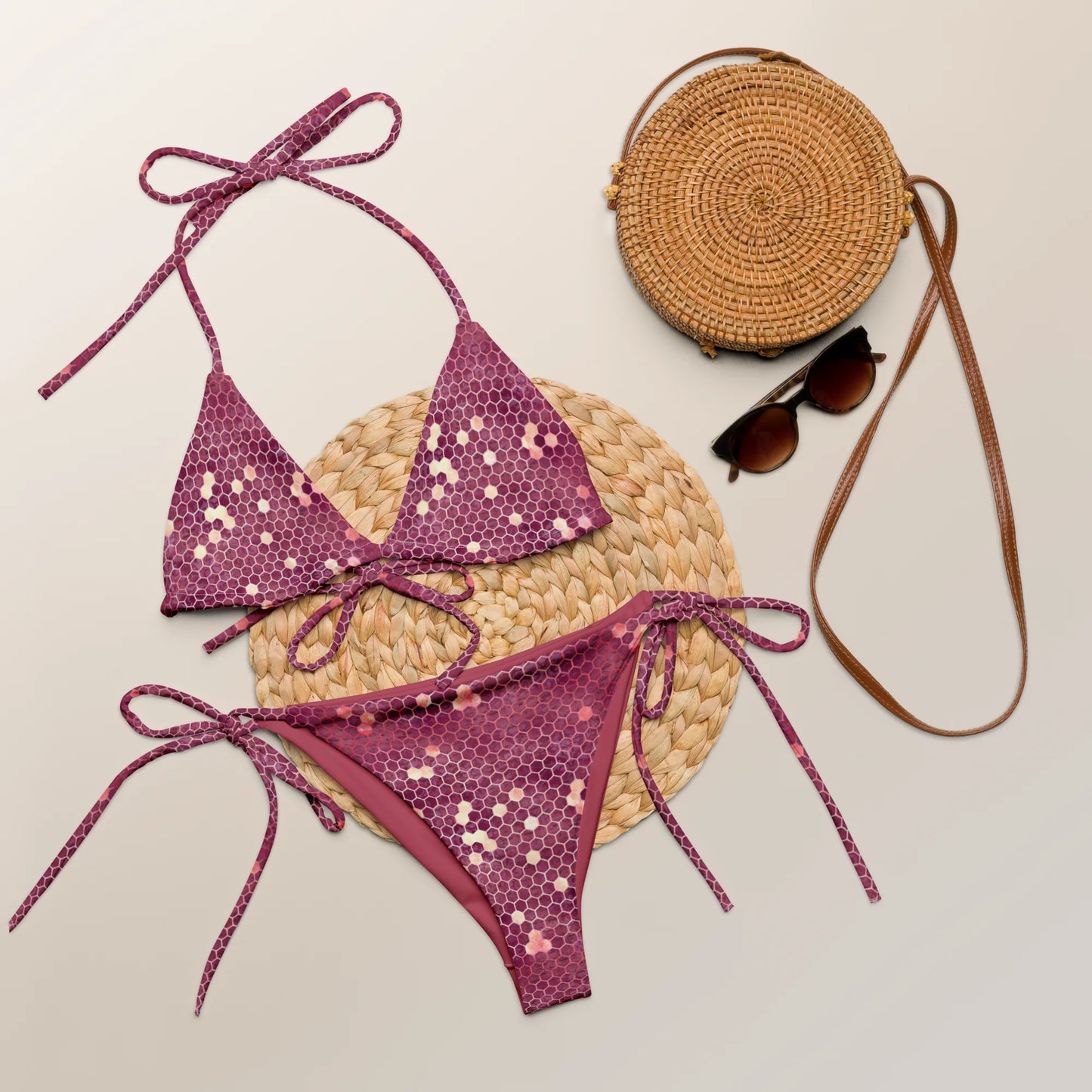 Burgundy Gold Honeycombs Ornament Recycled String Bikini