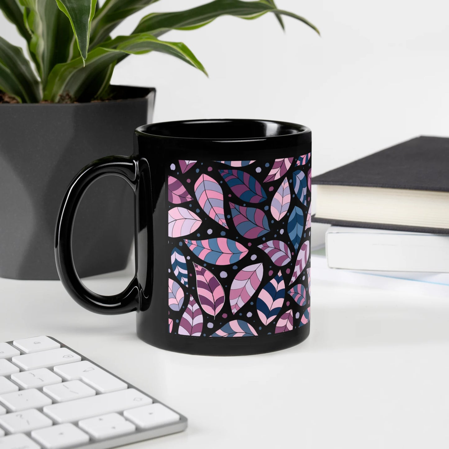 Pink Leafy Ornament Black Mug