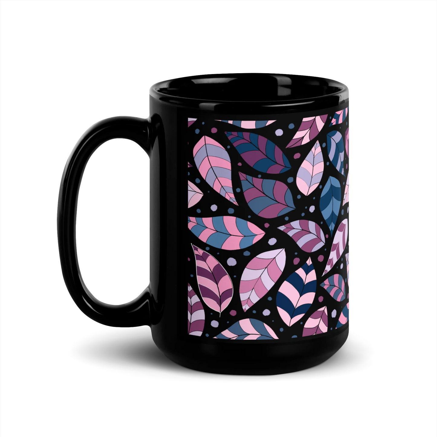 Pink Leafy Ornament Black Mug