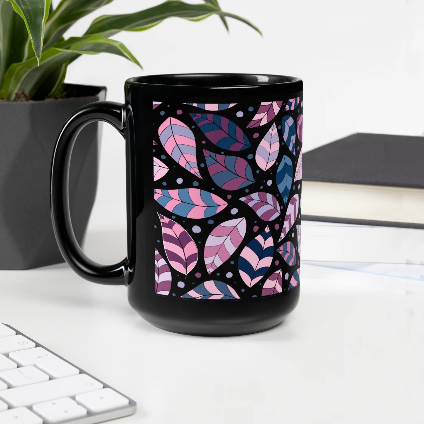 Pink Leafy Ornament Black Mug