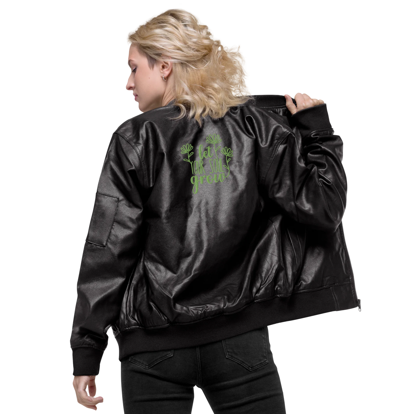 Let Your Soul Grow Embroidered Faux Leather Bomber Jacket