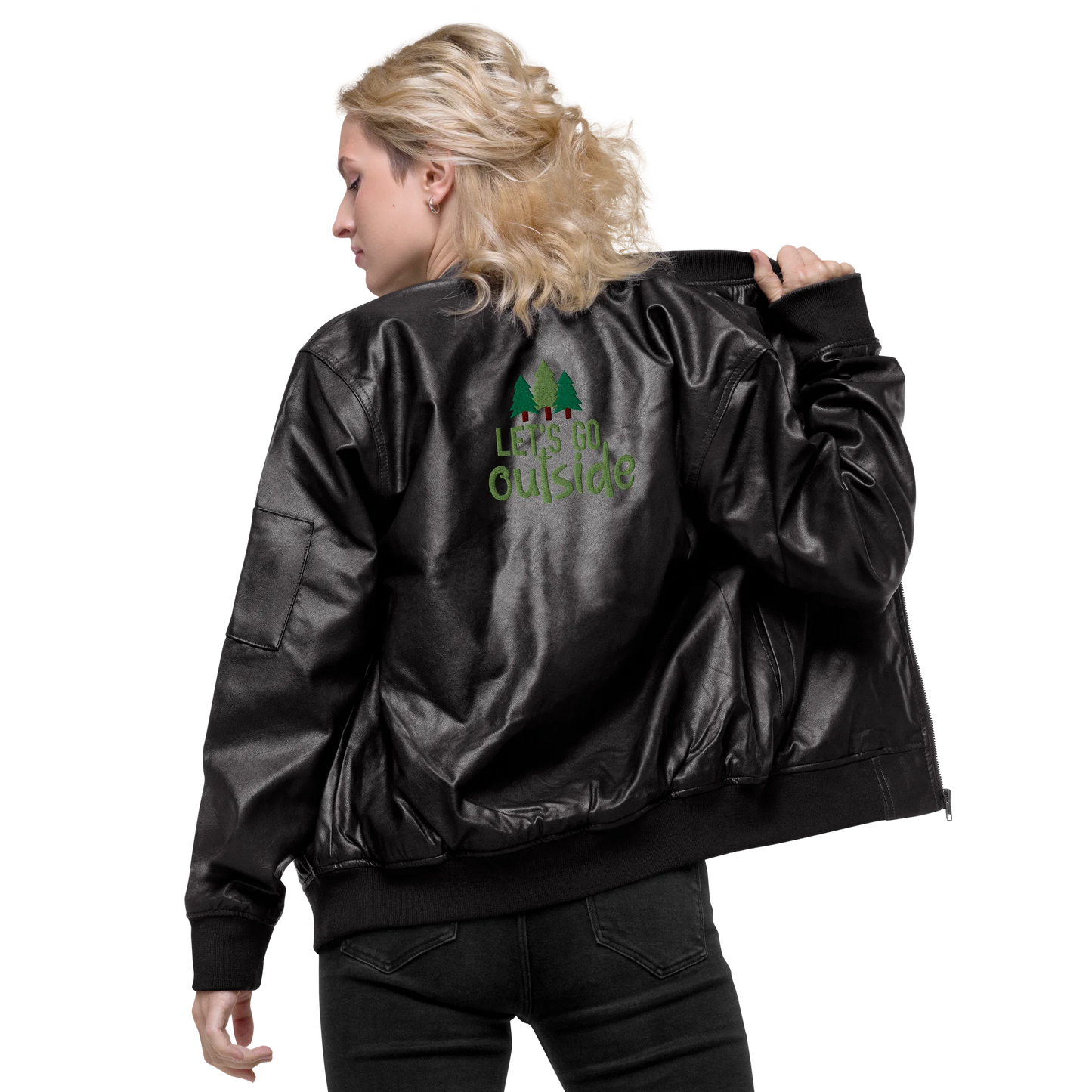 Let's Go Outside Embroidered Faux Leather Bomber Jacket