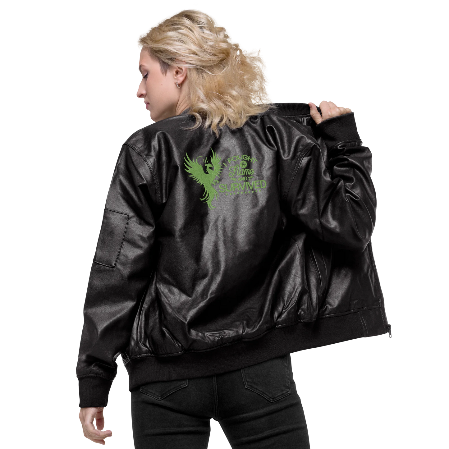 I Fought Flame and Survived Embroidered Faux Leather Bomber Jacket