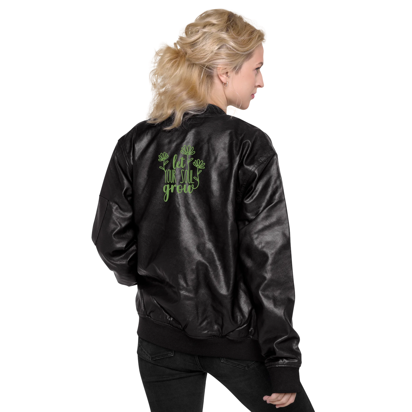 Let Your Soul Grow Embroidered Faux Leather Bomber Jacket