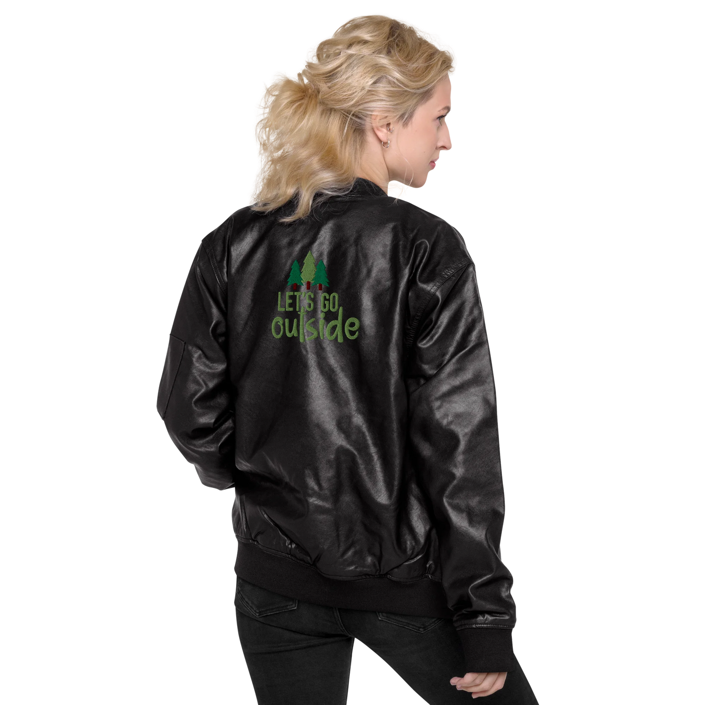 Let's Go Outside Embroidered Faux Leather Bomber Jacket