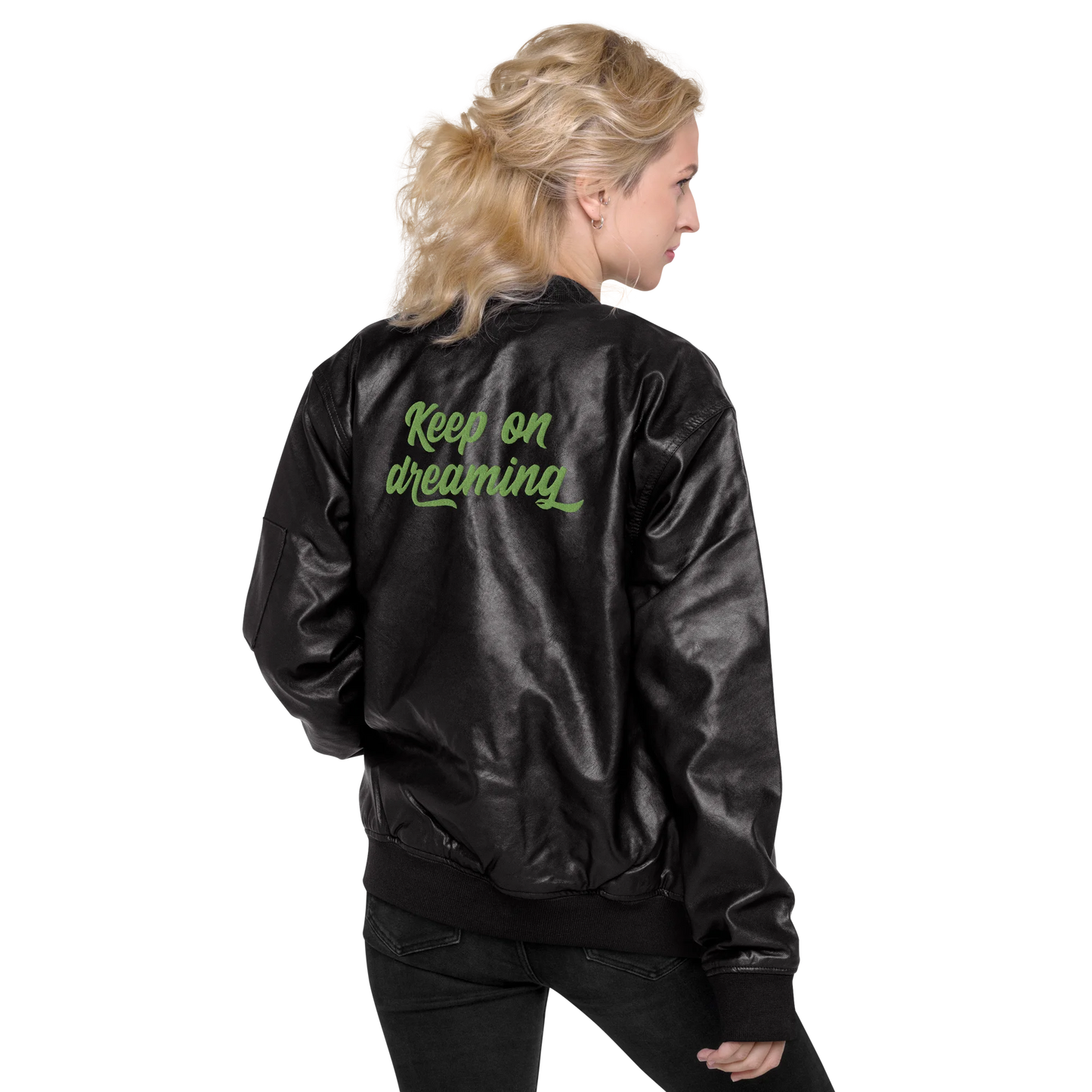 Keep On Dreaming Embroidered Faux Leather Bomber Jacket