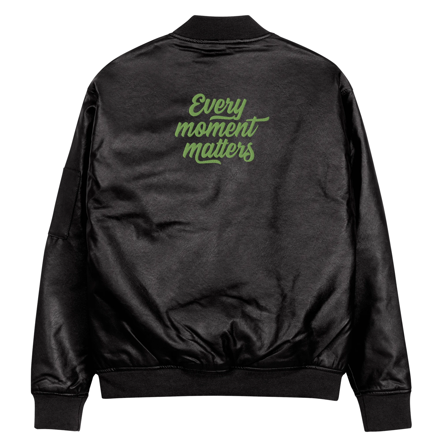 Every Moment Matters Embroidered Faux Leather Bomber Jacket