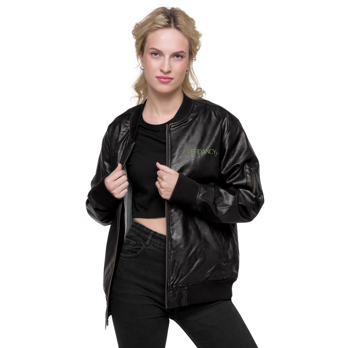 Just Bloom Embroidered Faux Leather Bomber Jacket