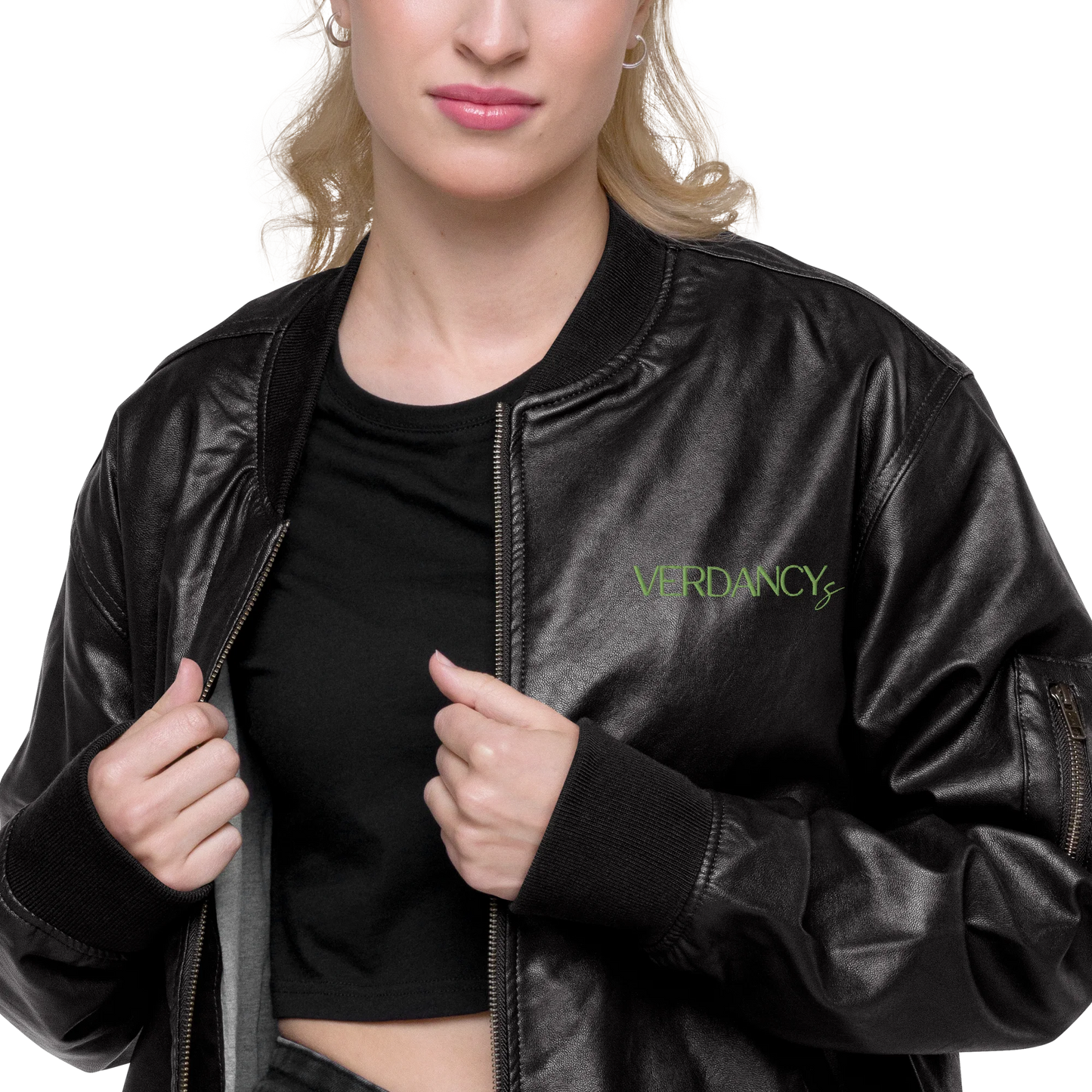 Just Bloom Embroidered Faux Leather Bomber Jacket