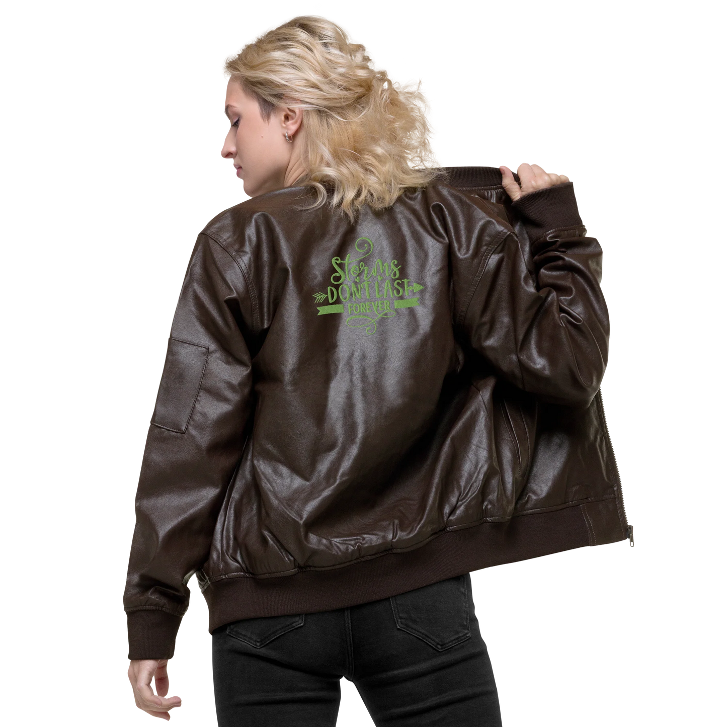 Storms Don't Last Forever Embroidered Faux Leather Bomber Jacket