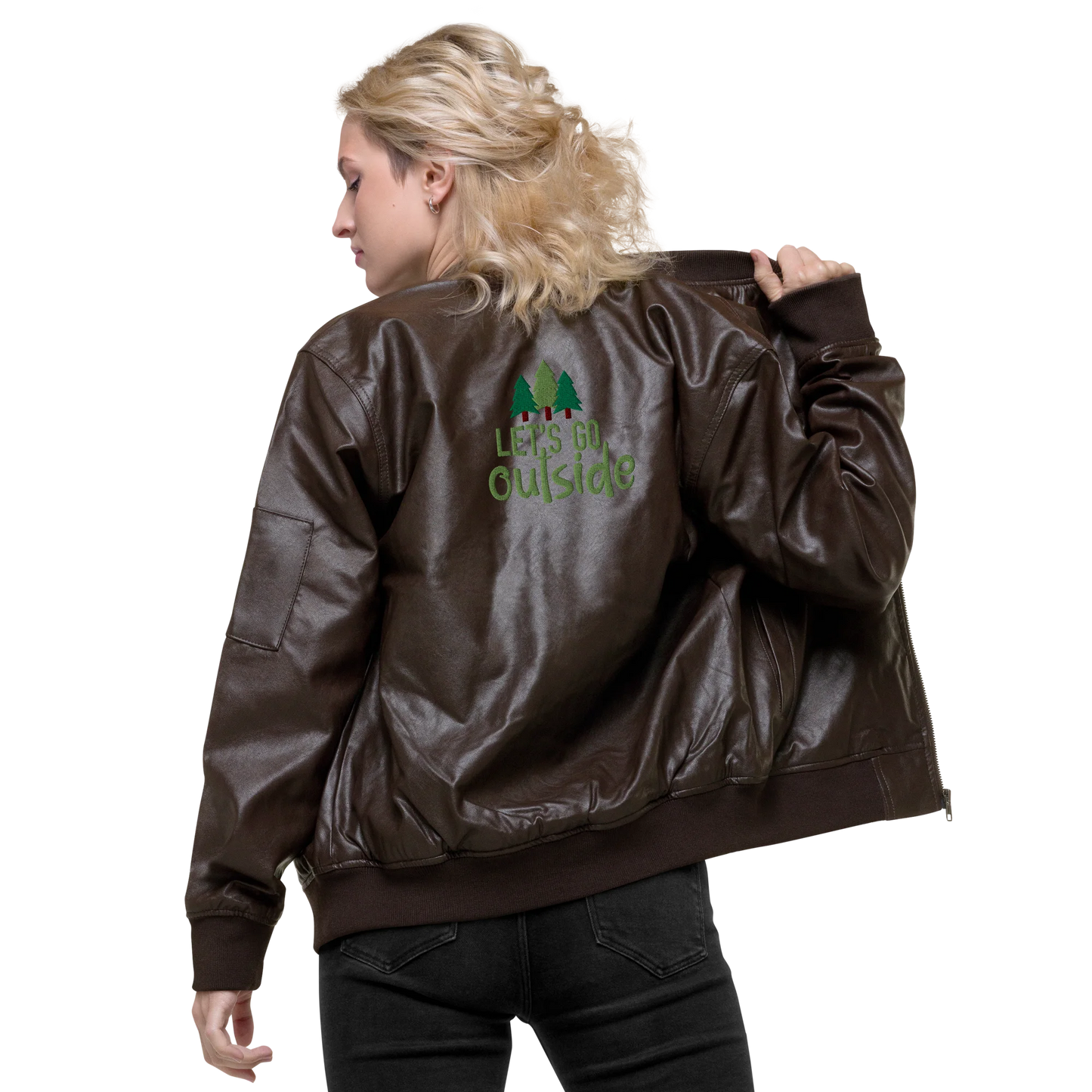 Let's Go Outside Embroidered Faux Leather Bomber Jacket