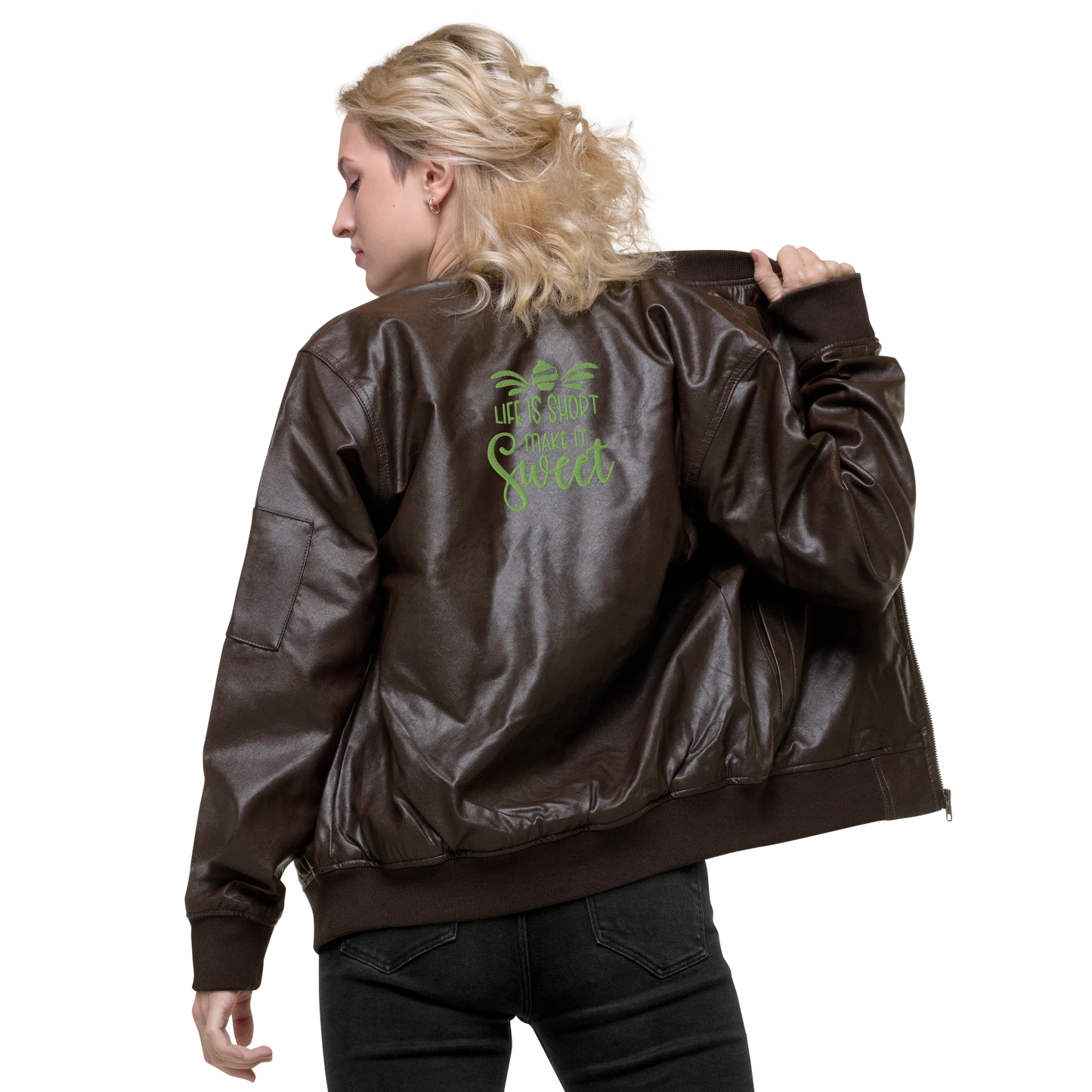 Life Is Short, Make It Sweet Embroidered Faux Leather Bomber Jacket